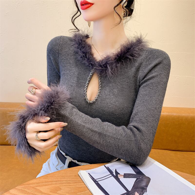 【tops】フェイクファーニットトップス　N2918