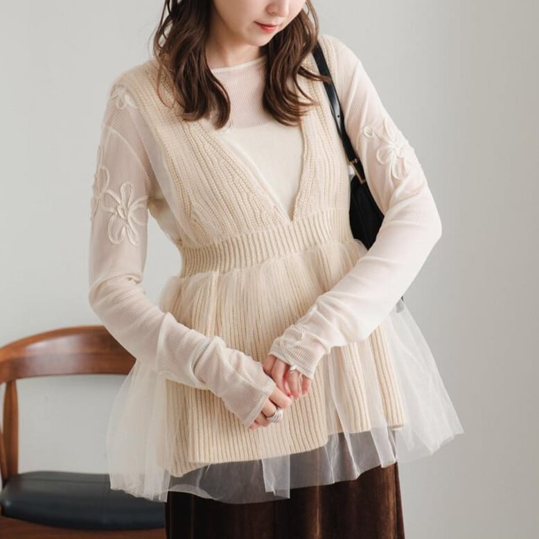 【tops】Vネックチュールコンビニットベスト　M28580