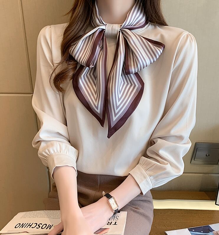 【tops】オシャレ度満点〜2色タイカラー長袖韓国風配色おしゃれ着回しブラウスF1765