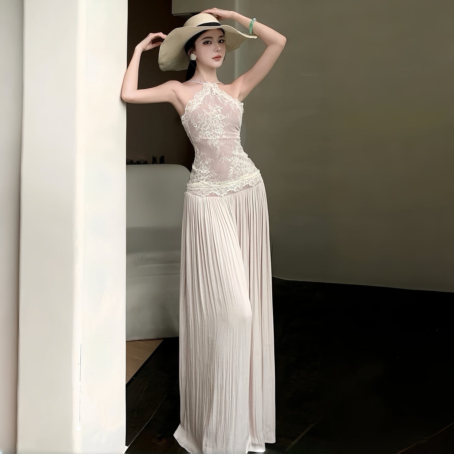 【dress】レースドッキングロングキャミワンピース Q8396