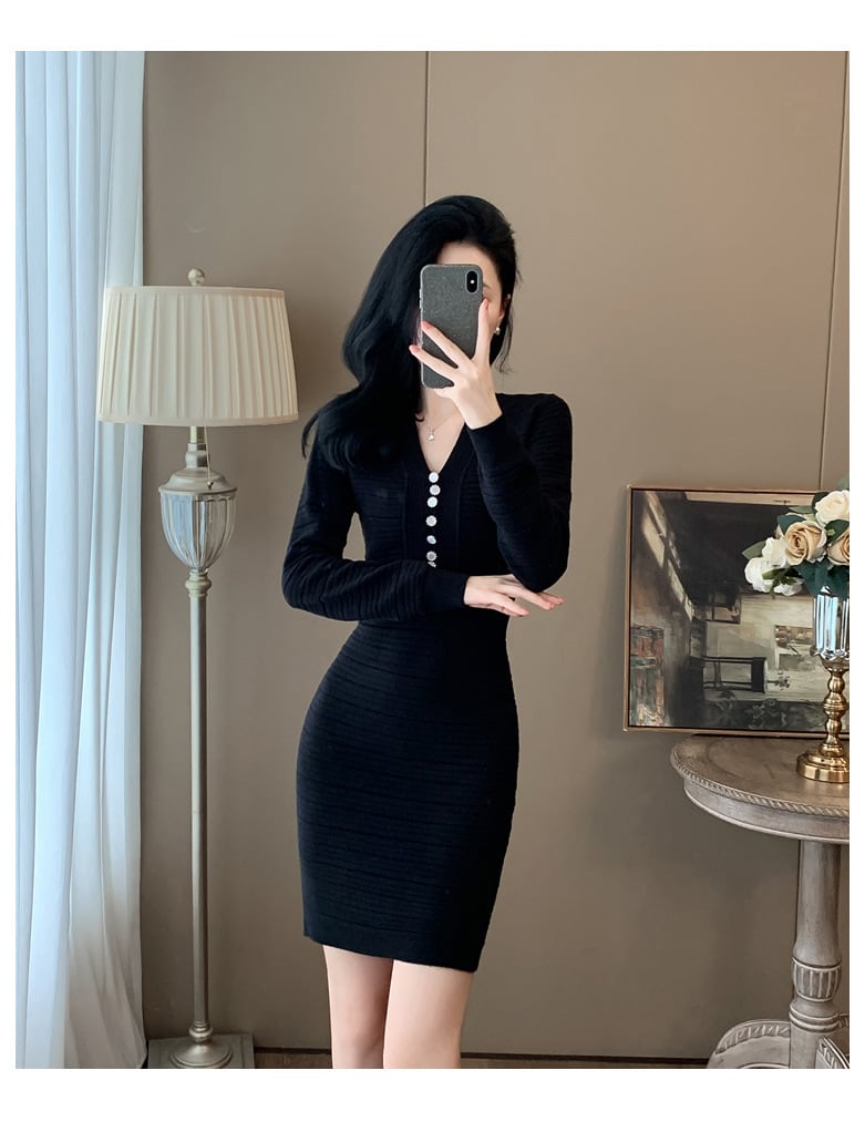 【dress】Vネックニットワンピース　M25346