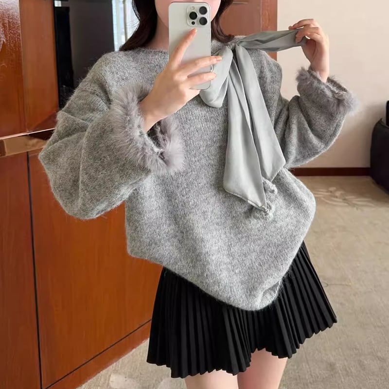 【tops】リボン付き袖ファーニットトップス Q7292