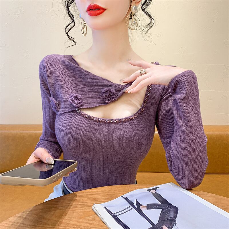 【tops】ビジュー立体フラワーニットトップス　M27727