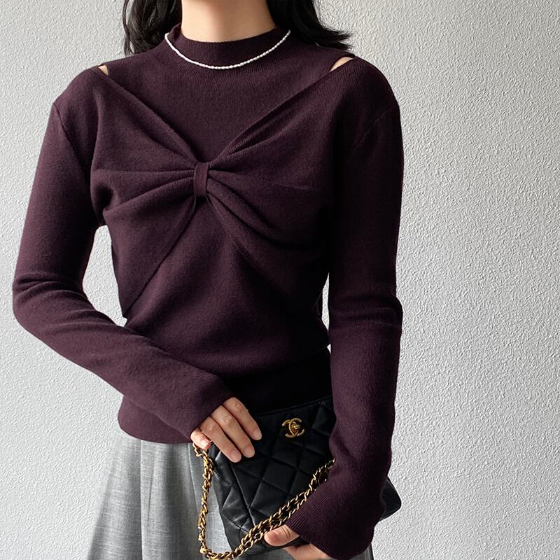 【tops】リボンフェイクレイヤードニットトップス Q7240