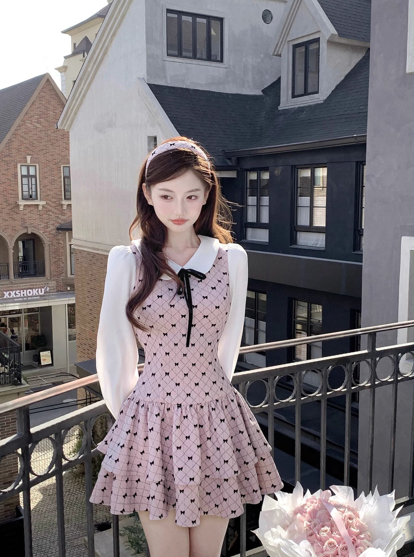 【dress】ピーターパンカラーフェイクレイヤードワンピース Q7570