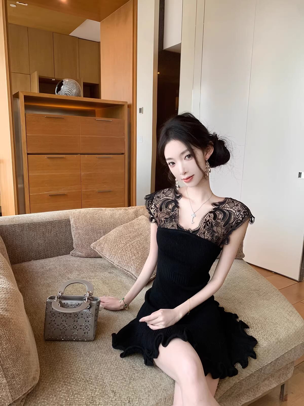 【dress】ノースリーブレースドッキングミニワンピース Q8469