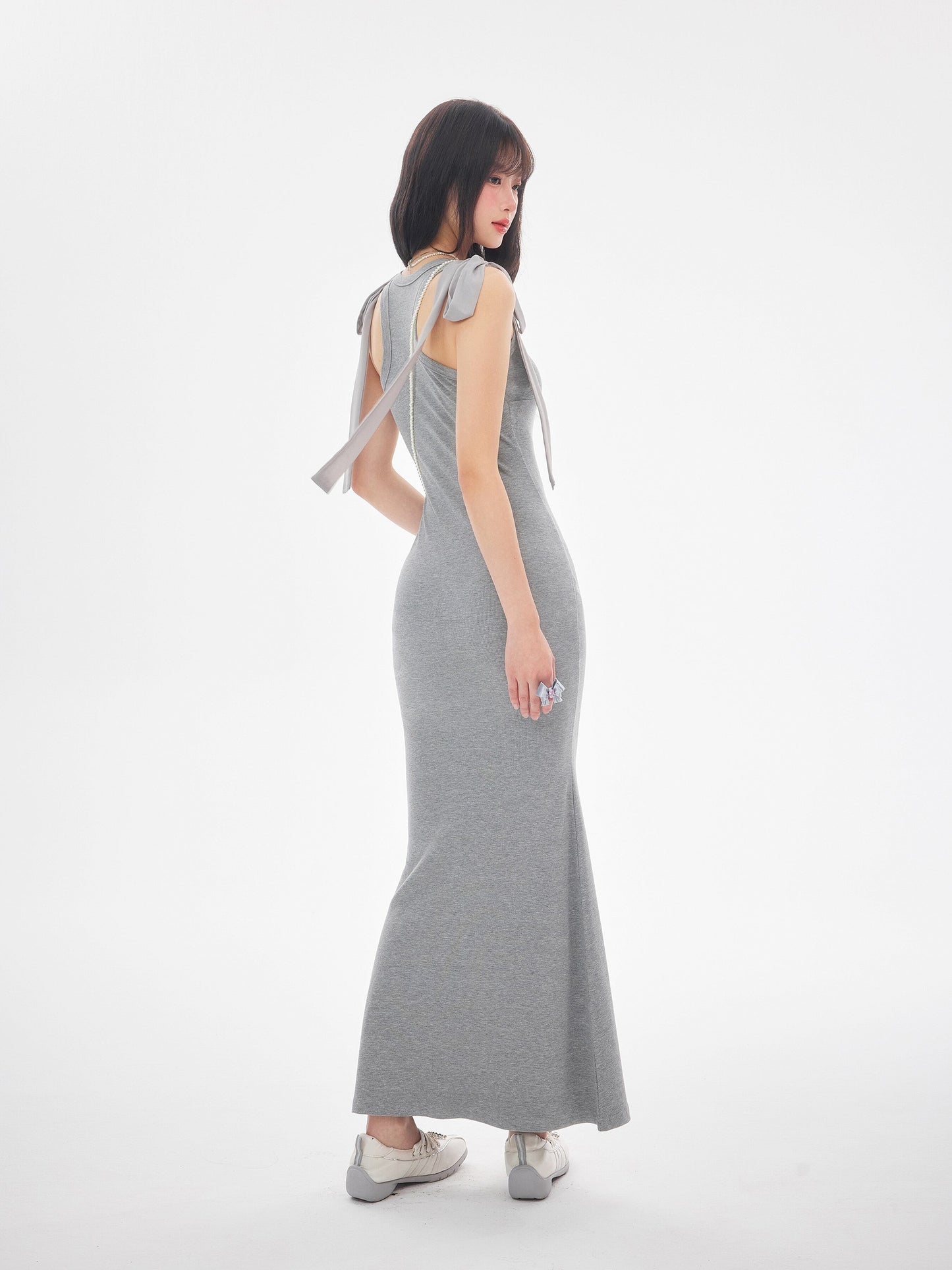 【dress】ショルダーリボンシェイプリブカットロングワンピース　N3520