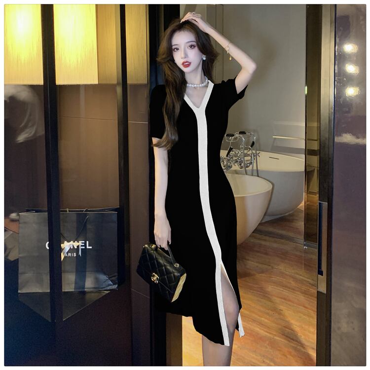 【dress】人気を獲得Vネック気質満点夏淑女レディース 体型カバー着痩せニットワンピース G8122