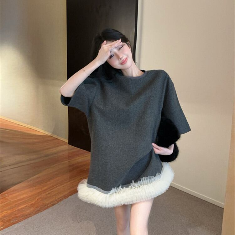 【dress】裹起毛レースドッキングワンピース　M28775
