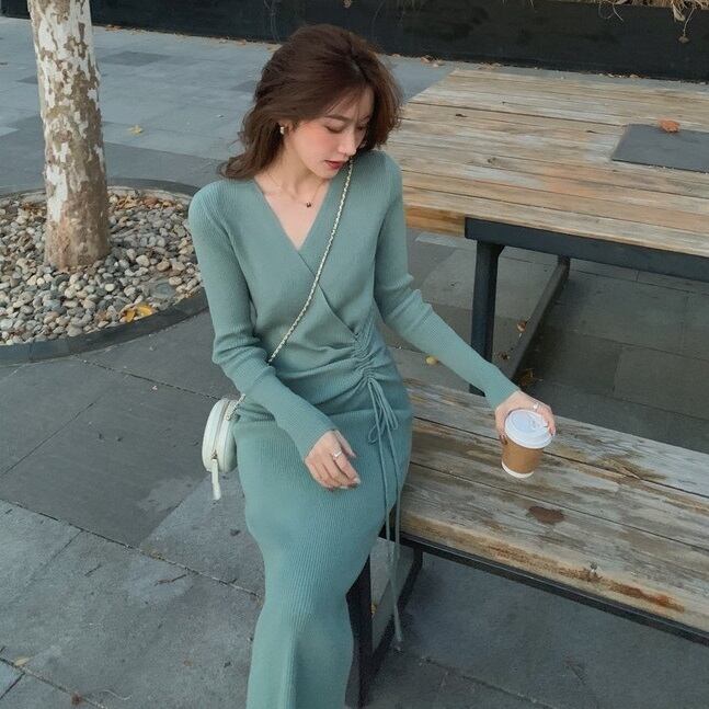 【dress】好感度UP!気質満点デザインフランス風シンプルVネックニットワンピース G2822