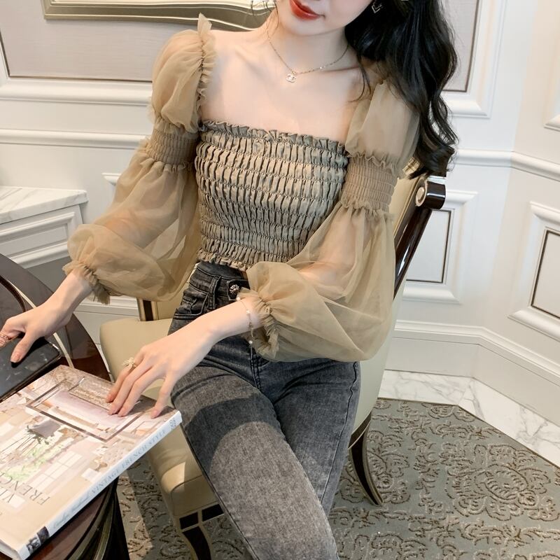 【tops】オシャレ度満点〜2wayオフネックメッシュ切り替え長袖着回し無地ブラウスF0566