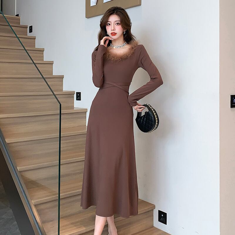 【dress】ファーネックニットワンピース　M18254