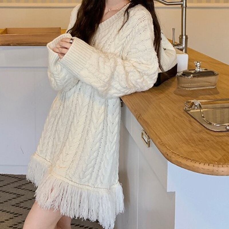 【dress】Vネックフリンジセーターワンピース　M18333