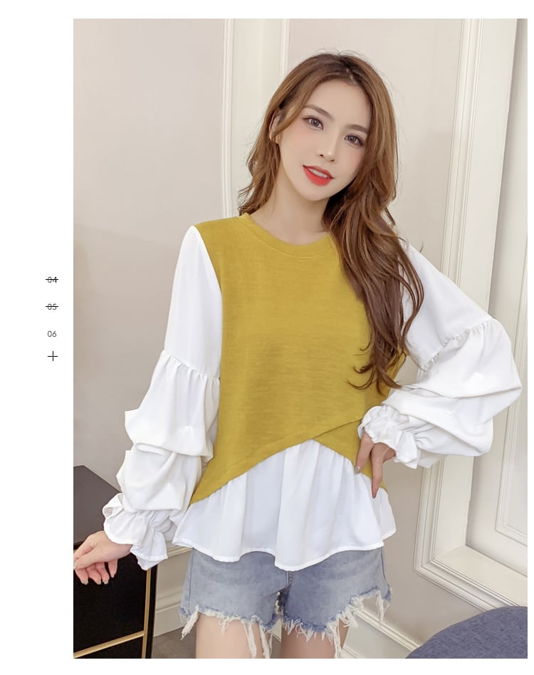 【tops】韓国ファッション早秋新作ラウンドネック長袖パフ袖偽二つ切り替えニットブラウスF0743