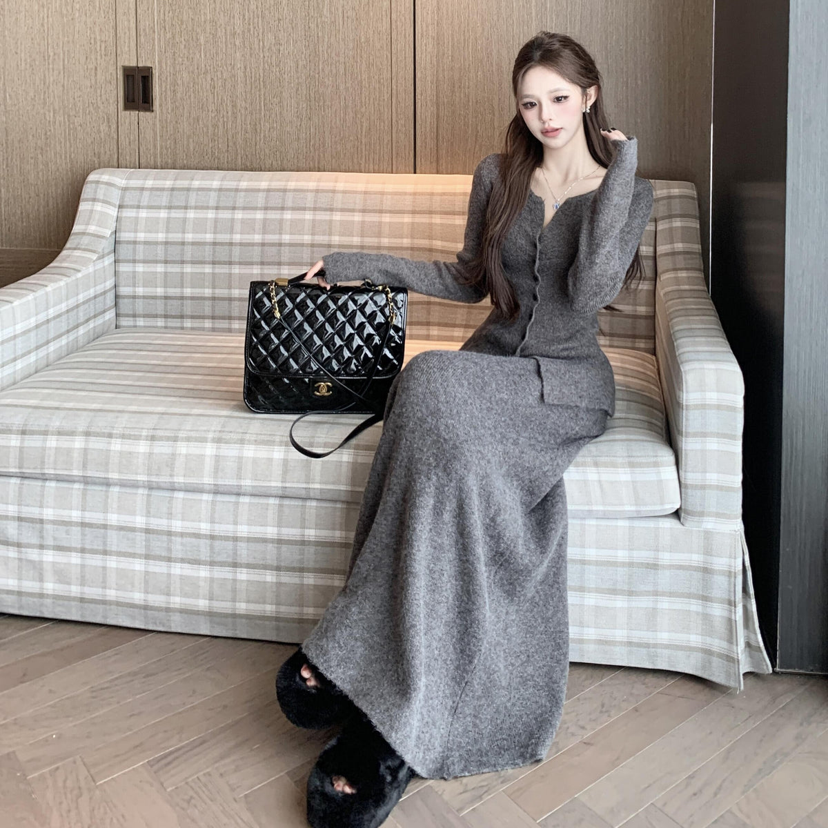 【set】Ⅴネックニットカーディガン×ロングスカートセット　N2764