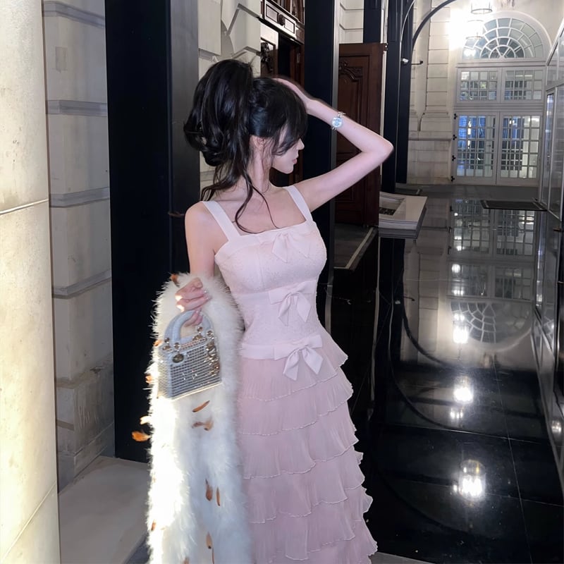 【dress】リボン付きティアードキャミワンピース Q7679