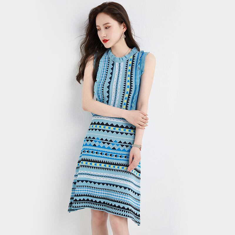 【dress】ファッションストライプ柄切り替え気質満点ノースリーブニット ワンピース G0407