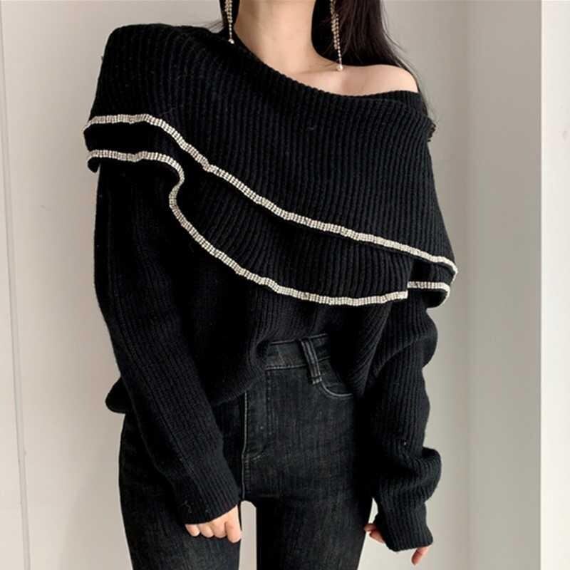 【tops】細身効果抜群♪2タイプラウンドネック長袖フリル配色ファッション着回しニットセーターF0920