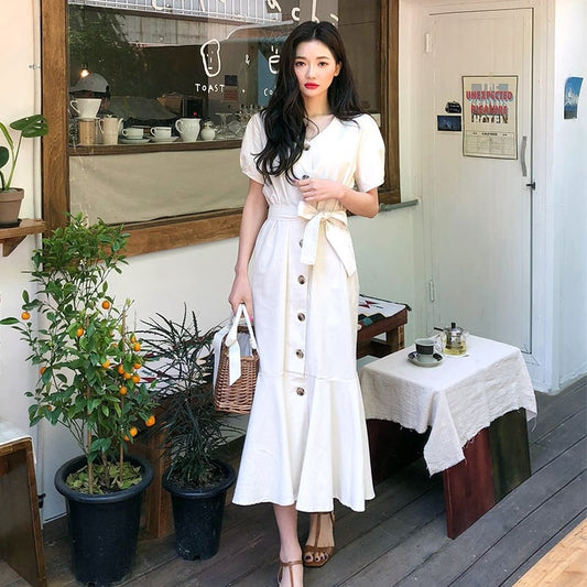 【dress】ファッションand清新！気質満点Vネック無地着痩せワンピース