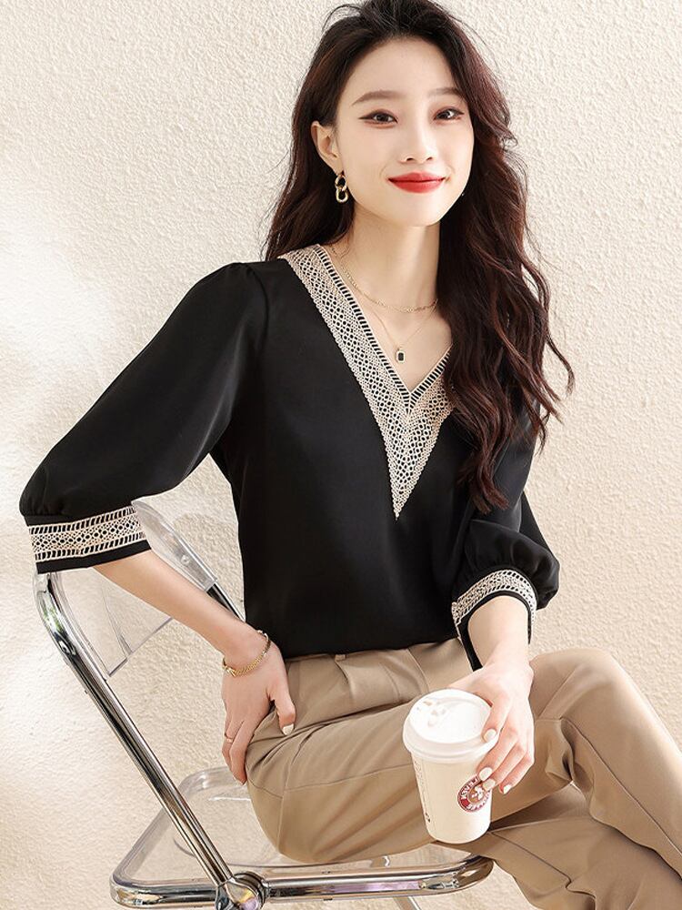 【tops】Vネック5分袖ブラウスG21081