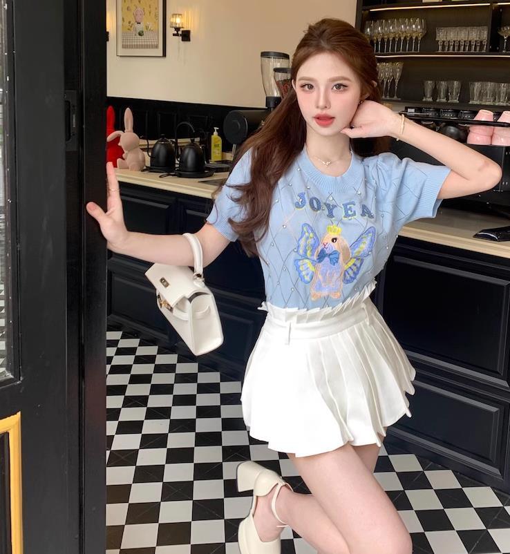 【tops】長袖ラインストーンニットＴシャツF7068