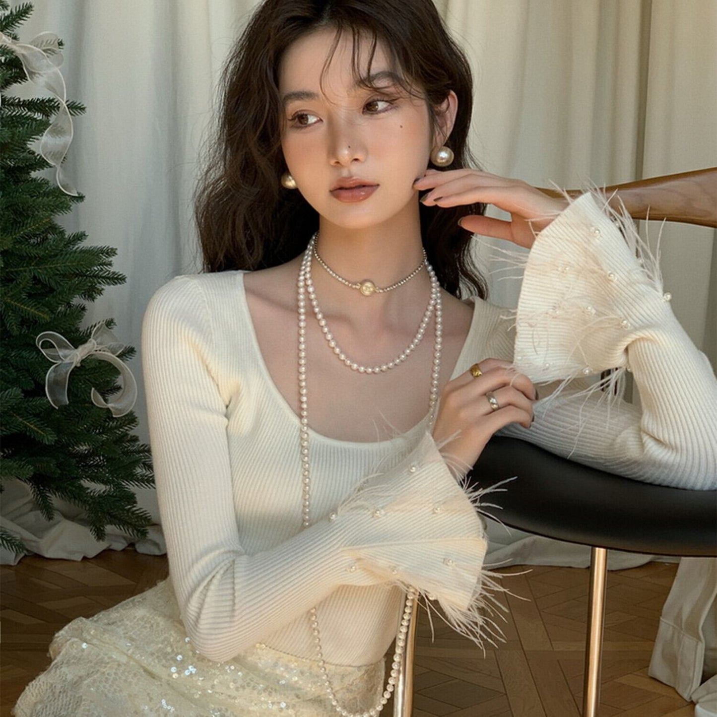 【tops】パールベルスリーブニットトップス　N2947