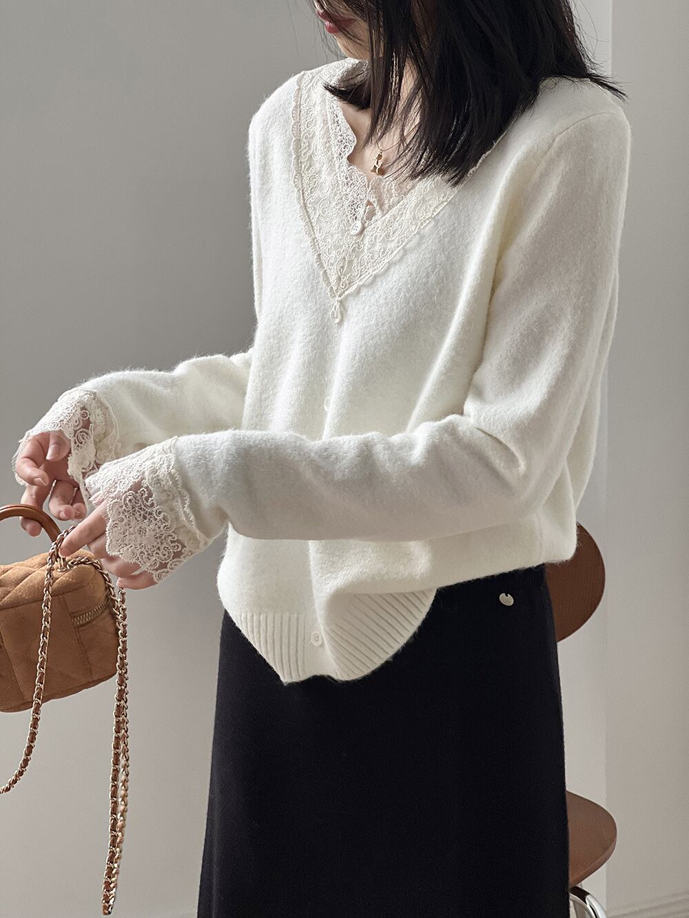 【tops】レースドッキングニットトップス　M28051