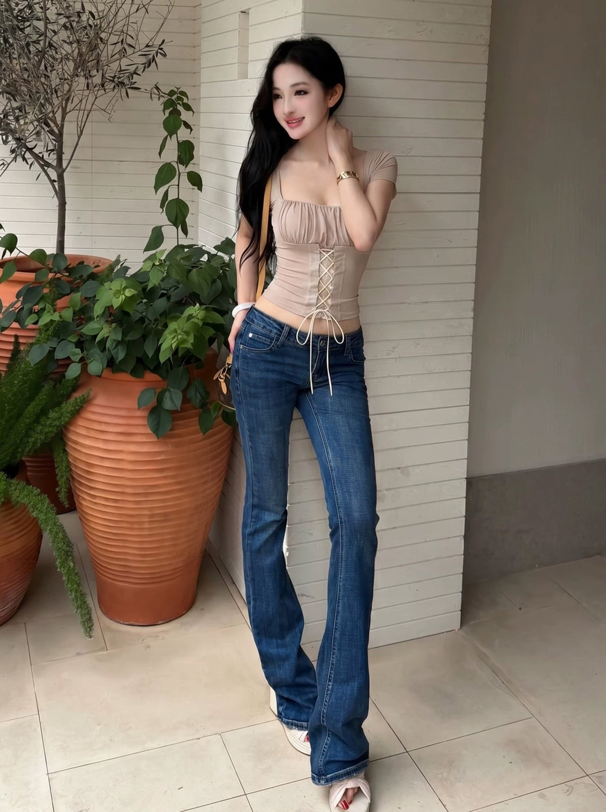 【tops】リボン付きスクエアネックトップス Q8738