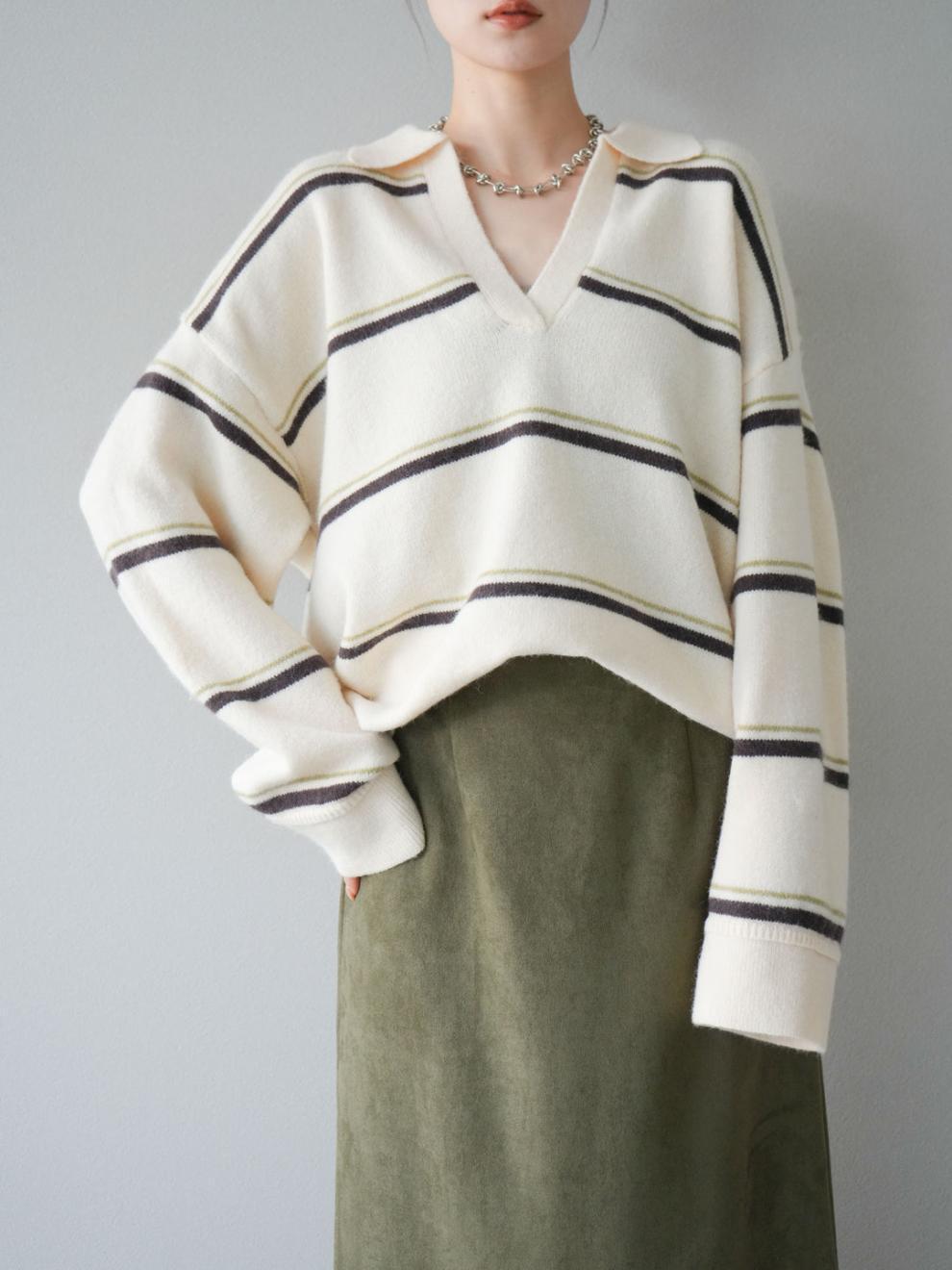 【tops】Ⅴネックボーダー柄ニットトップス N3430