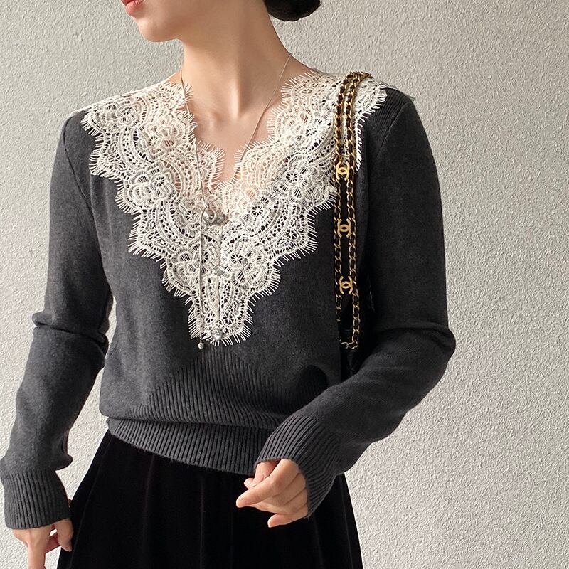 【tops】Vネックレースドッキングニットトップス Q7241