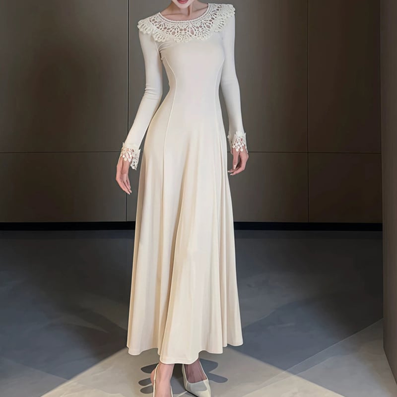【dress】カットワークレースドッキングロングワンピース Q7349