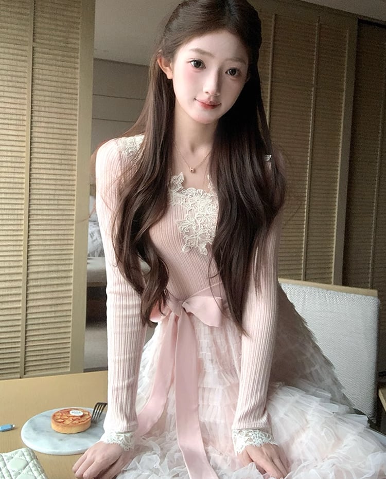 【dress】レース付きニットドッキングチュールワンピース Q7646
