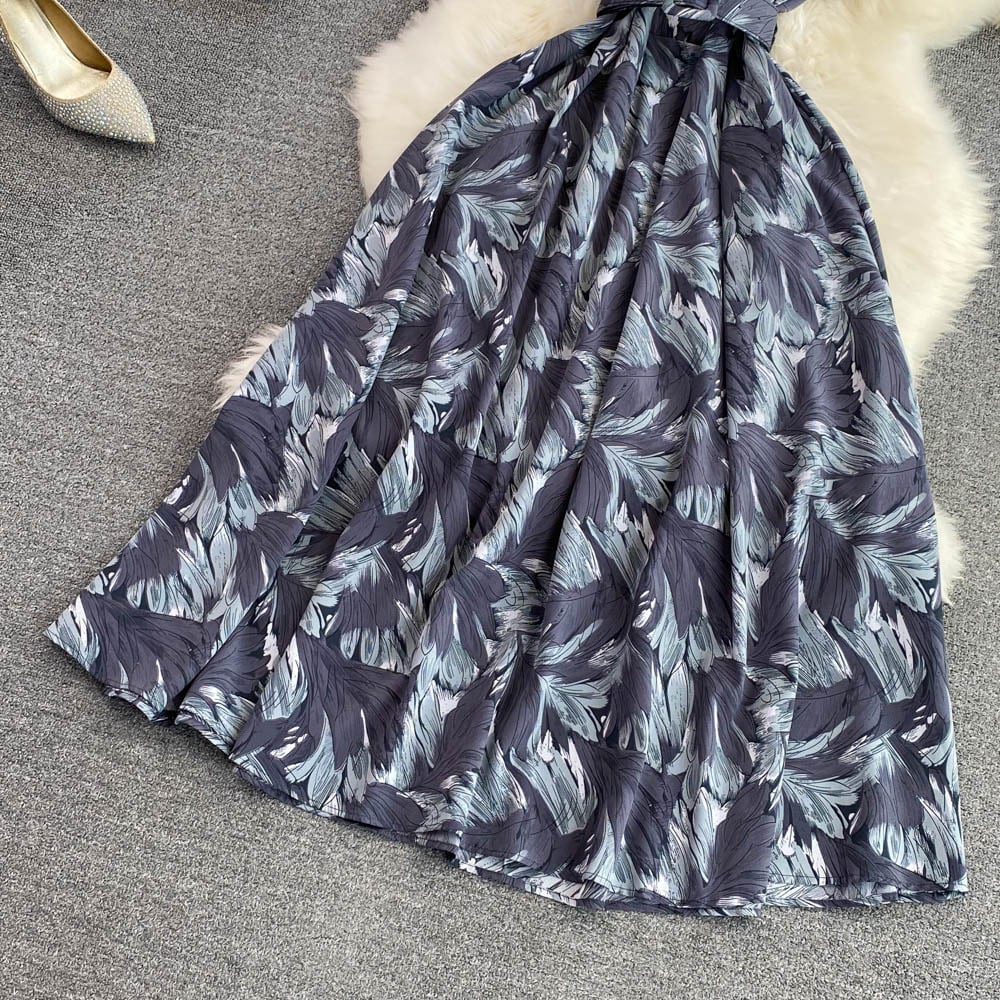 【dress】オシャレ度満点〜夏新作海旅行4色バンドカラー花柄配色シフォンワンピースF5110