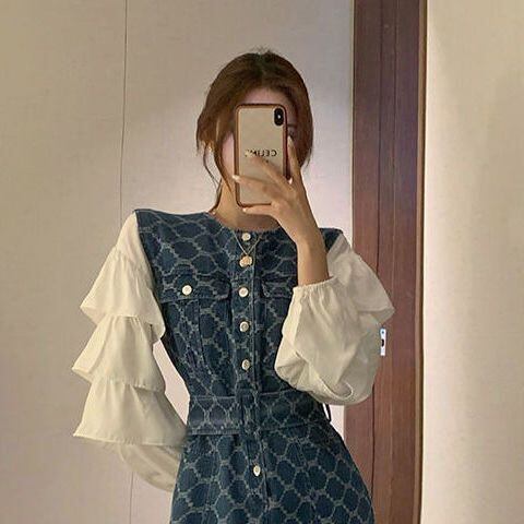 【set】清純甘くて女子力UP！気質満点ファッショントップス+デニムワンピース２点セット G9443