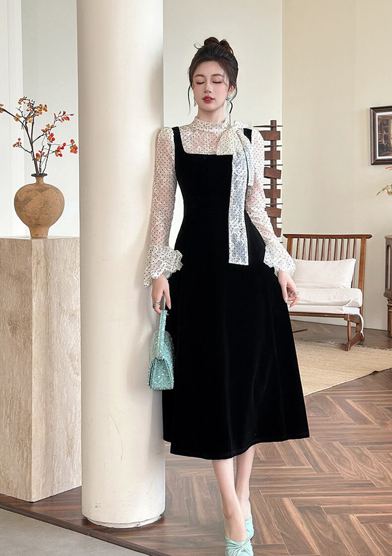 【dress】ドット柄チュールドッキングベルベットワンピース Q7365