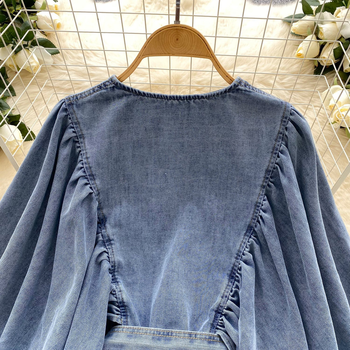 【tops】ランタンスリーブデニムシャツ　M29723