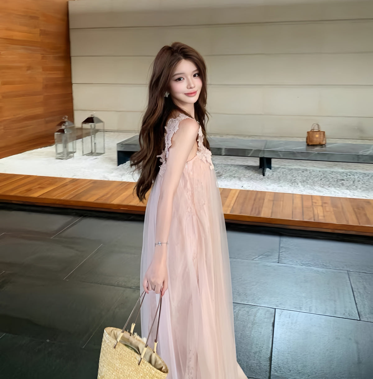【dress】ワンショルダーレースドッキングチュールワンピース K0559