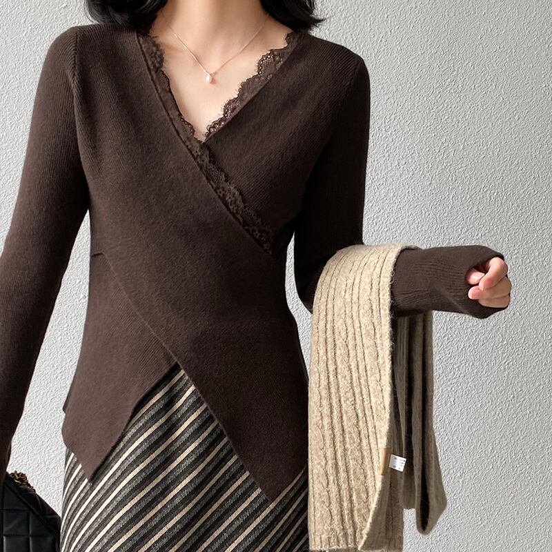 【tops】レース付きクロスニットトップス Q7238