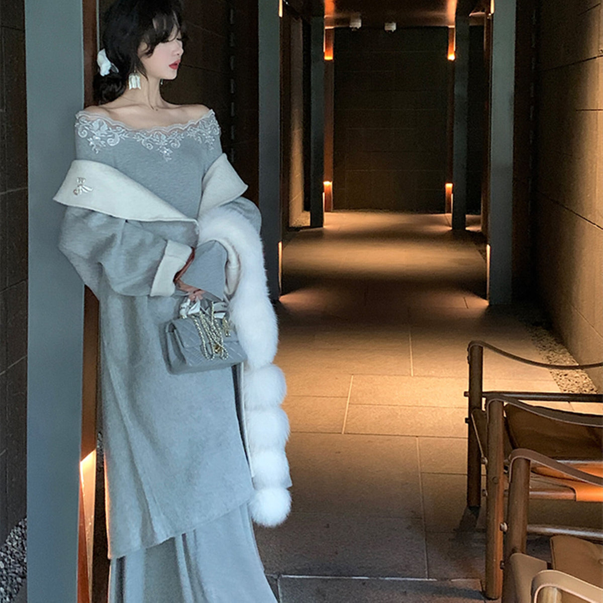 【dress】レーストリミングニットワンピース　N3448