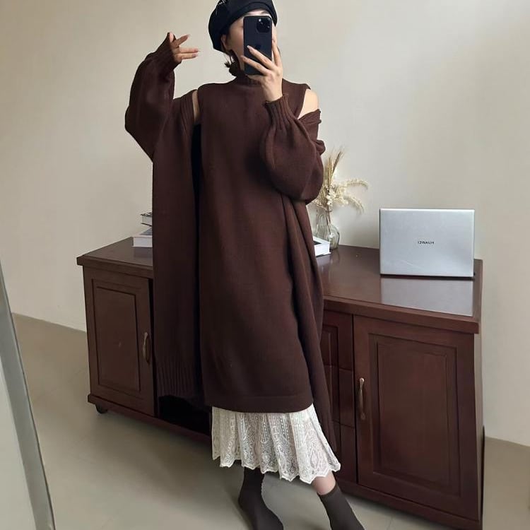 【set】ロング丈ニットカーデ×ベストワンピースセット　M26378