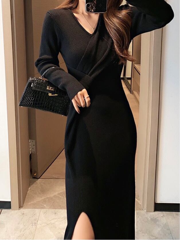 【dress】上品な質感!気質満点レトロ高品質秋冬新作体型カバーニットワンピース G3357