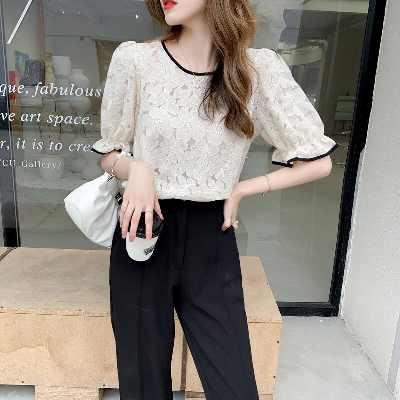 【tops】美人度アップラウンドネック半袖レース配色着回しファッションブラウス