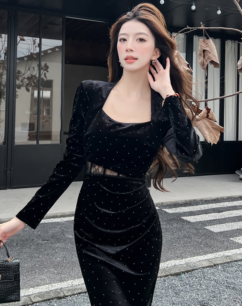 【dress】スクエアネックレースドッキングロングワンピース Q7286