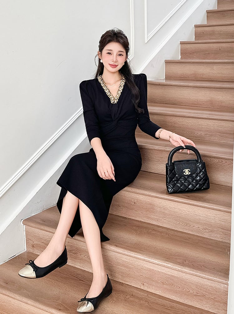 【dress】Vネックラインストーン付きロングワンピース Q7501