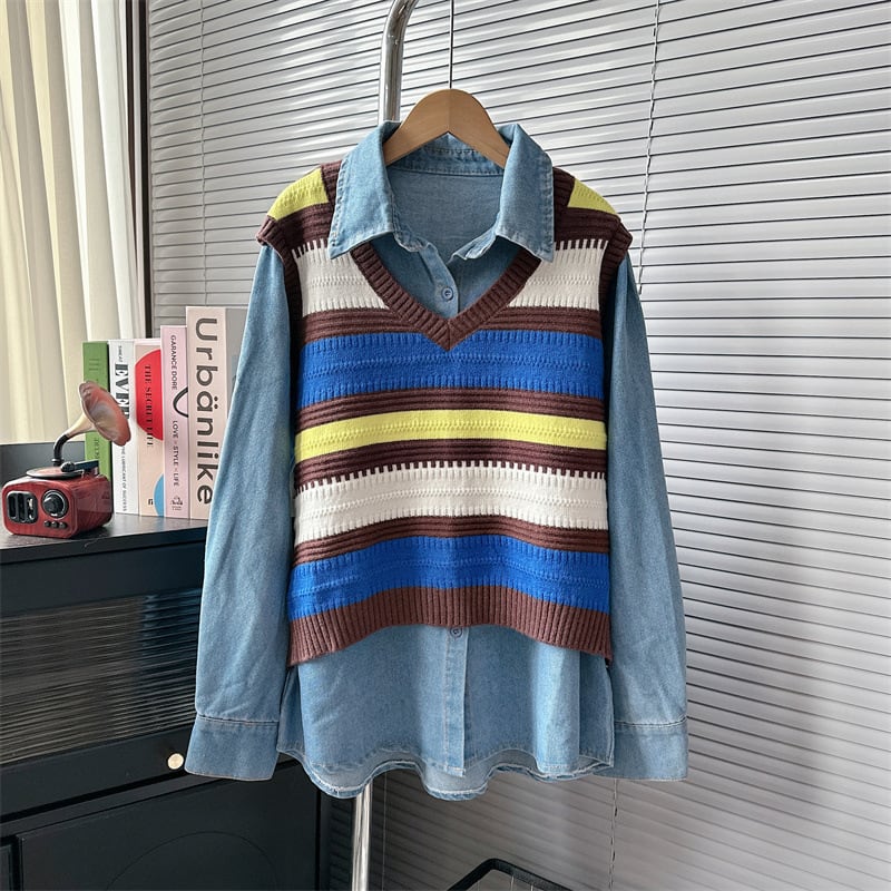 【tops】ニットドッキングシャツトップス　M18716