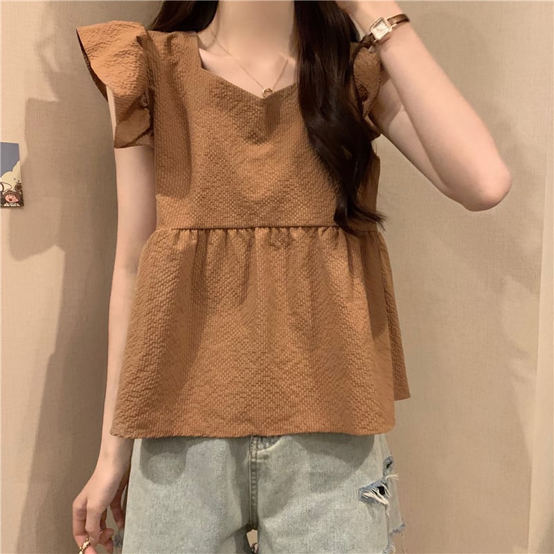 【tops】5色フレンチスリーブフリルブラウスF7483