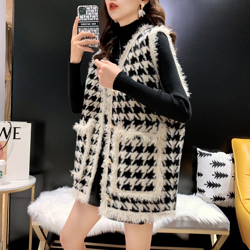 【tops】気質溢れる♪秋冬の新作千鳥格子ノースリーブINS風韓国着回しニットチョッキF0685