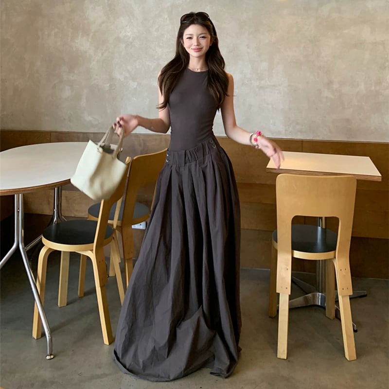 【dress】ノースリーブフェイクレイヤードロングワンピース Q8500