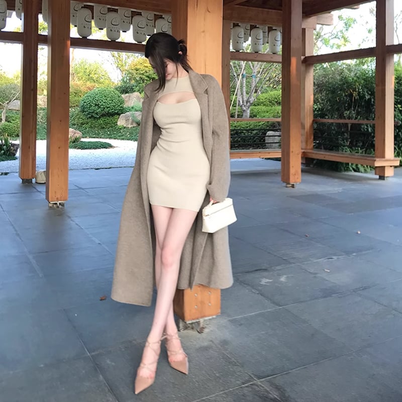 【dress】フロントカットニットワンピース Q7260