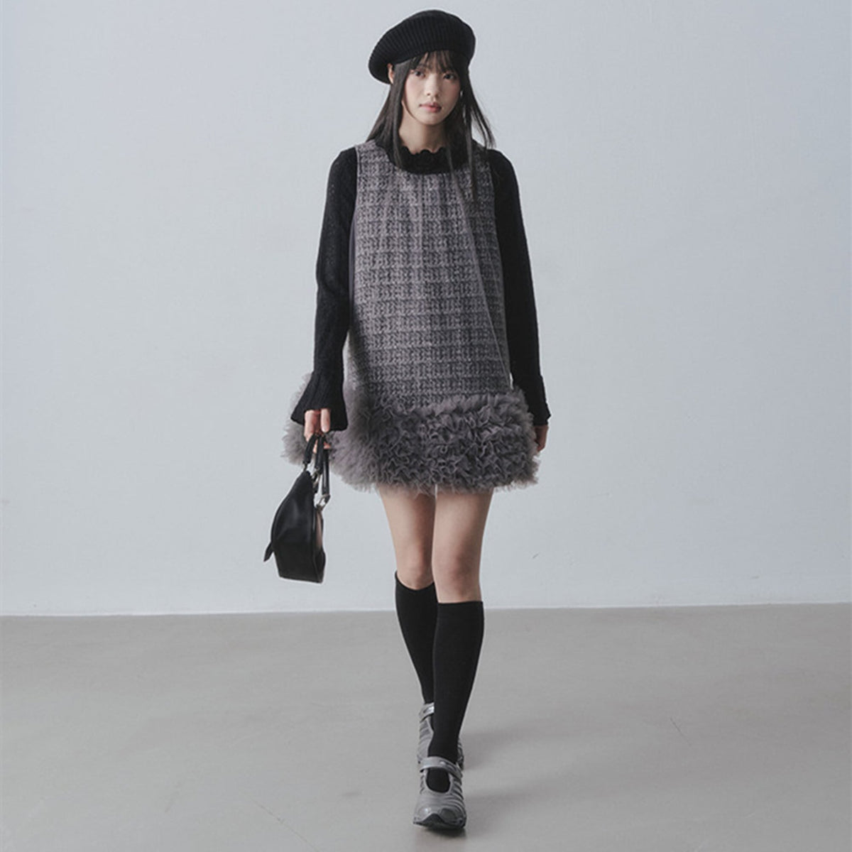 【dress】チュールフリルツイードノースリーブミニワンピース　N3523